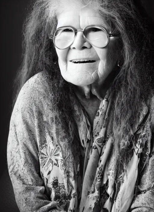 Image similar to DSLR photo portrait still of 77 year old age 77 Janis Joplin at age 77!!!, 85mm f1.8