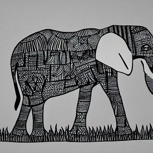 Prompt: an elephant in the savannah, drawing, black silhouette, tribal style