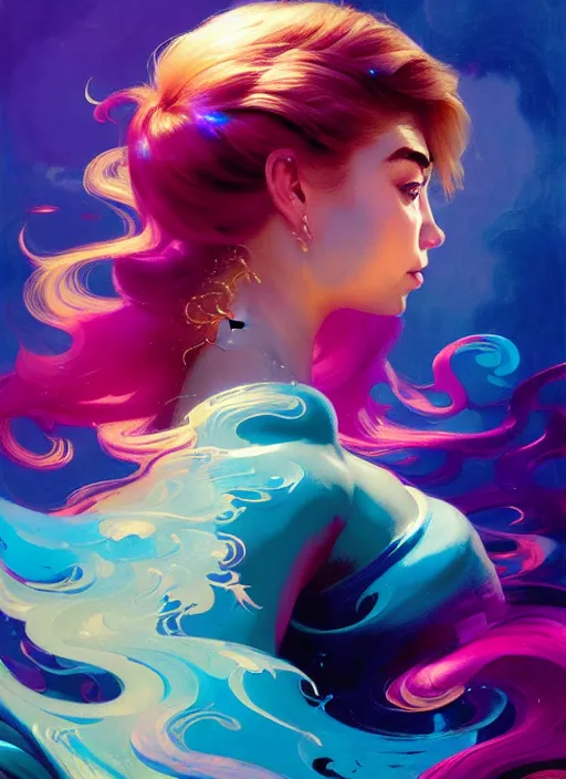 Prompt: side portrait, imogen poots, paladin, fantasy, gloomhaven, luminescent, organic painting, colorful swirly ripples, gaudy colors, by greg manchess, huang guangjian, gil elvgren, sachin teng, greg rutkowski, jesper ejsing, ilya kuvshinov