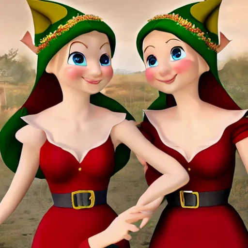 Prompt: two very very very beautiful elf princesses embracing, wearing dresses, eye contact, flirty, smiling, perfect face, perfect body, rendered in daz