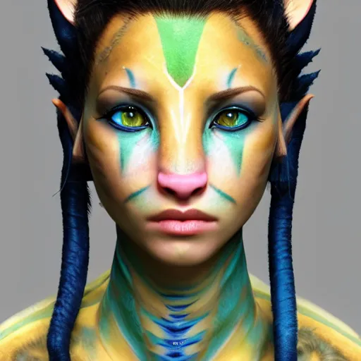 Image similar to portrait of a female na’vi from Avatar, digital art, highly detailed, award winning, concept art, intricate, sharp focus, Trending on Artstation HQ, unreal engine 5, 4K UHD image