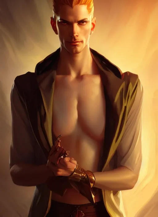 Image similar to Android Lucifer morningstar, slight smile, highly detailed, digital painting, artstation, concept art, sharp focus, illustration, art by wlop and J. C. Leyendecker and Edmund Bliar Leighton and Charlie Bowater