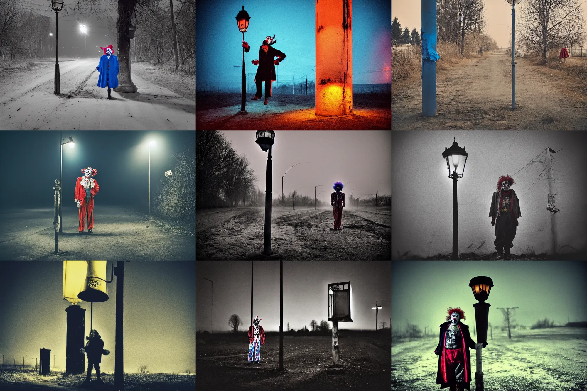 Image similar to a thin scary clown in torn clothes stands under a lamppost that shines a blue light on the clown, pitch darkness around the post, everything happens at night in an old Soviet village, the photo was taken from afar, Colourful, Cinematic, filmic, 35mm, dark atmosphere, horror, scary, Wildlife photography