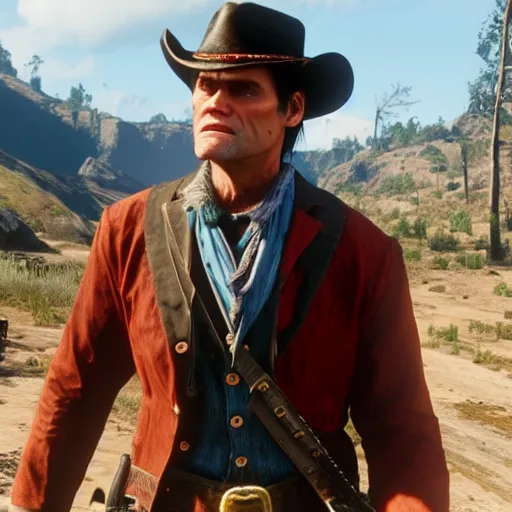 Image similar to film still of jim carrey in red dead redemption 2 ( 2 0 1 8 video game )