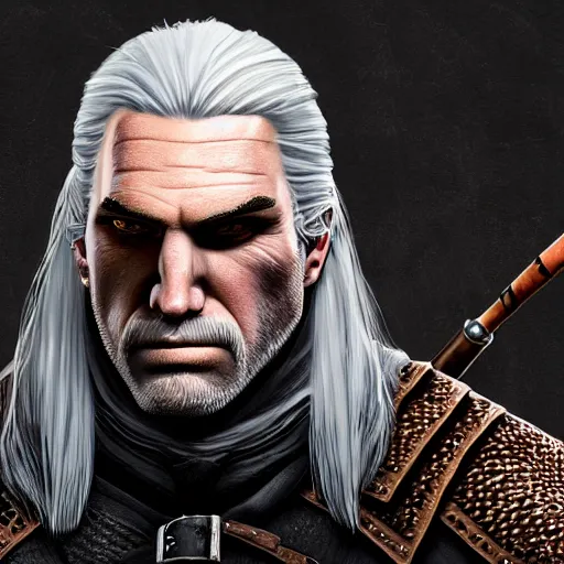 Image similar to caricature portrait of grumpy herp derp geralt of rivia, 4k resolution, highly detailed