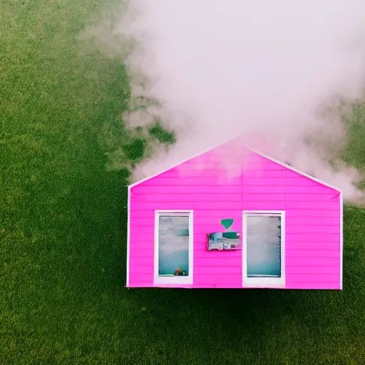 Image similar to a 5 0 mm lens photograph of a cute pink floating modern house, floating in the air between clouds, inspired by the movie up, held up from above by a heart - shaped ballon. mist, playful composition canon, nikon, award winning, photo of the year