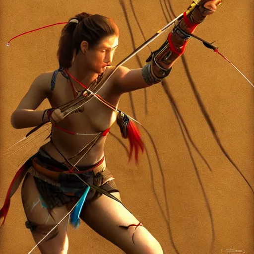 Image similar to tribal archer woman aiming her bow off camera, painting, artstation, epic, intense lighting