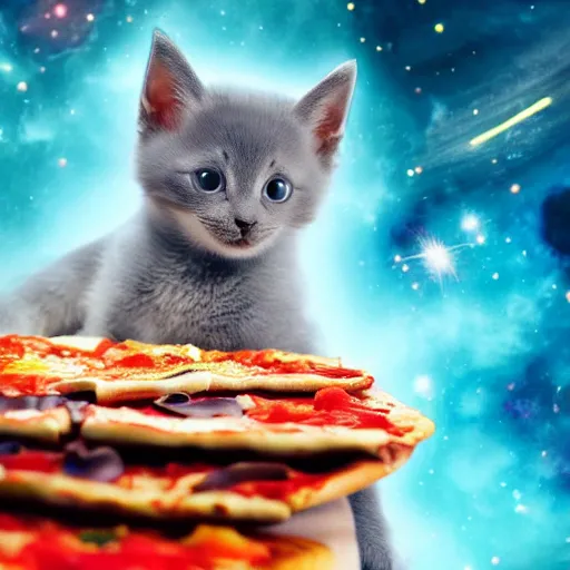 Image similar to A grey kitten standing on a pizza in outer space. The kitten is eating a piece of pizza. Pizza slices flying with angel wings in background, dark cyan galaxy and stars in background, 4K photoshopped image, look at that detail