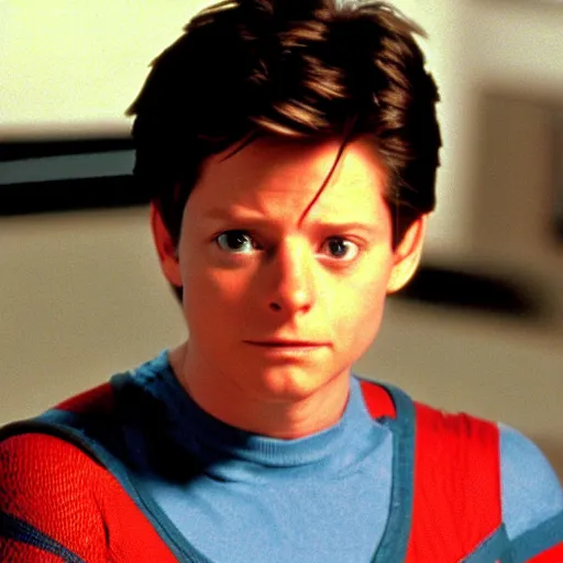 Image similar to still of michael j. fox as peter parker in spider - man ( 1 9 8 9 )