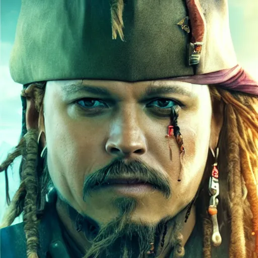 Image similar to hyperrealstic mixed media image of matt damon as captain jack sparrow, stunning 3 d render inspired art by istvan sandorfi and greg rutkowski, perfect facial symmetry, realistic, highly detailed attributes and atmosphere, dim volumetric cinematic lighting, 8 k octane extremely hyper - detailed render, post - processing, masterpiece