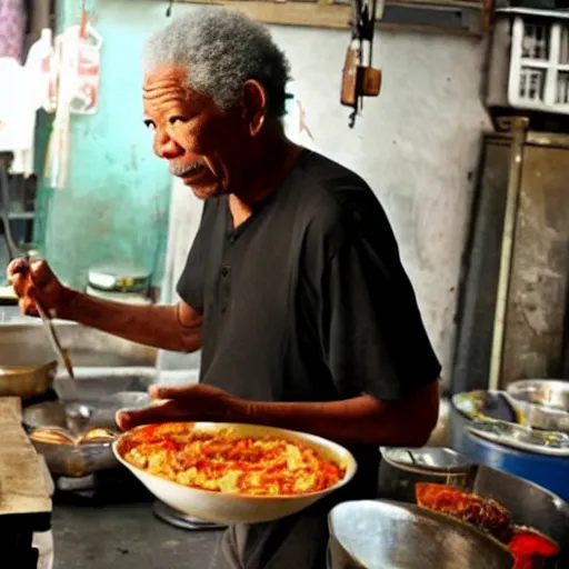 Prompt: morgan freeman as bakso seller