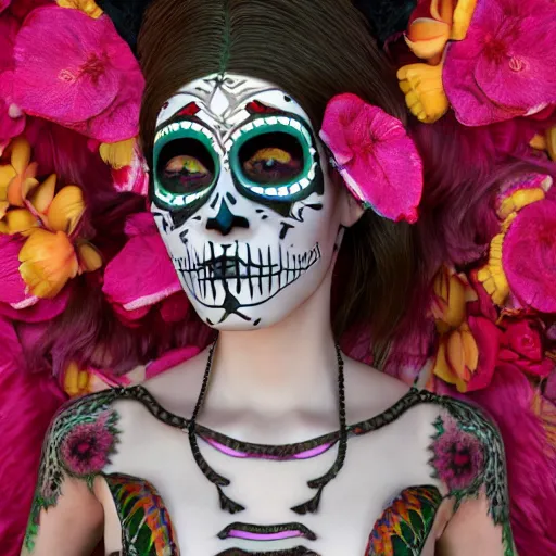 Image similar to changeling satyr lady, mid - waist self - portrait, perfect symmetry, intricate, dia de los muertos, skulls and flowers mask, aztec ultra detailed feathered dress 4 k resolution, octane rendering, ultra realistic, photo realism, beeple, 3 0 mm