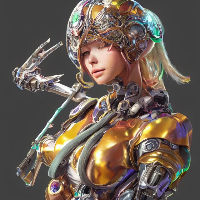 Image similar to studio portrait of lawful good colorful female holy mecha paladin absurdly beautiful, elegant, young swimsuit model, ultrafine hyperrealistic detailed face illustration by kim jung gi, irakli nadar, intricate linework, sharp focus, bright colors, matte, octopath traveler, final fantasy, unreal engine highly rendered, global illumination, radiant light, intricate environment