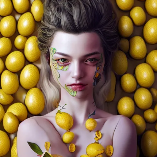 Image similar to the portrait of an absurdly beautiful, graceful, elegant, sophisticated, young idol made up of lemons, an ultrafine hyperdetailed illustration by kim jung gi, irakli nadar, intricate linework, bright colors, octopath traveler, final fantasy, unreal engine 5 highly rendered, global illumination, radiant light, detailed and intricate environment