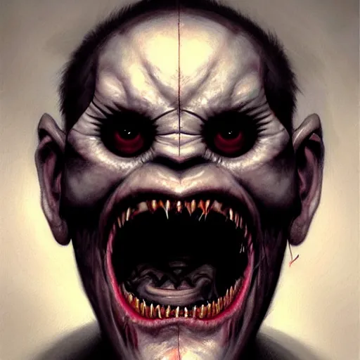 Prompt: Facial portrait of a blind beholder, looking at the camera, slight evil smile, lips wide parted, mouth wide open, sharp teeth visible, fear inspiring, intimidating, extremely detailed painting by Greg Rutkowski and by Henry Justice Ford and by Steve Henderson