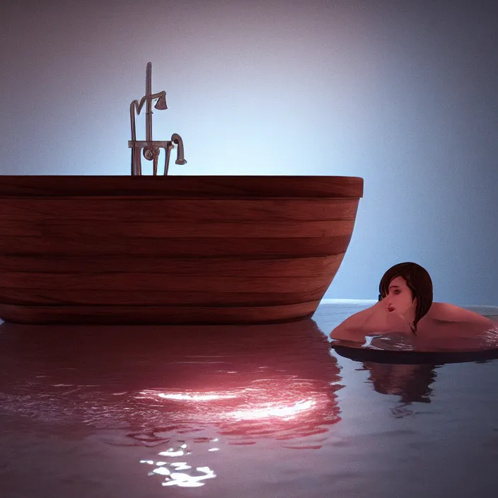 Image similar to a nymp swimming in a wooden tub while it's blood moon, au naturel, digital art, trending in artstation, cinematic lighting, studio quality, unreal engine 5 rendered