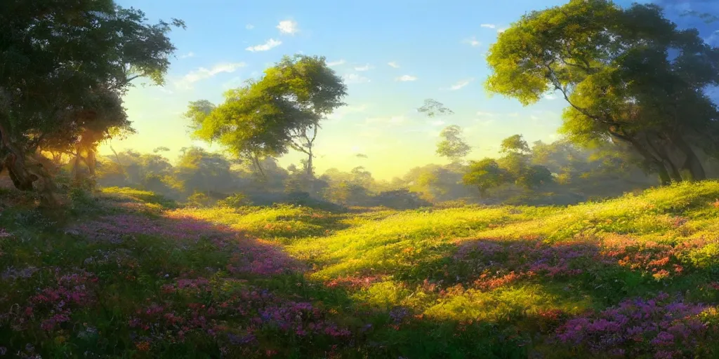 Image similar to an extraordinarily beautiful oil painting of a landscape in spring during sunrise ; lush vegetation ; the most beautiful painting in the world ; by makoto shinkai and craig mullins and salvador dali