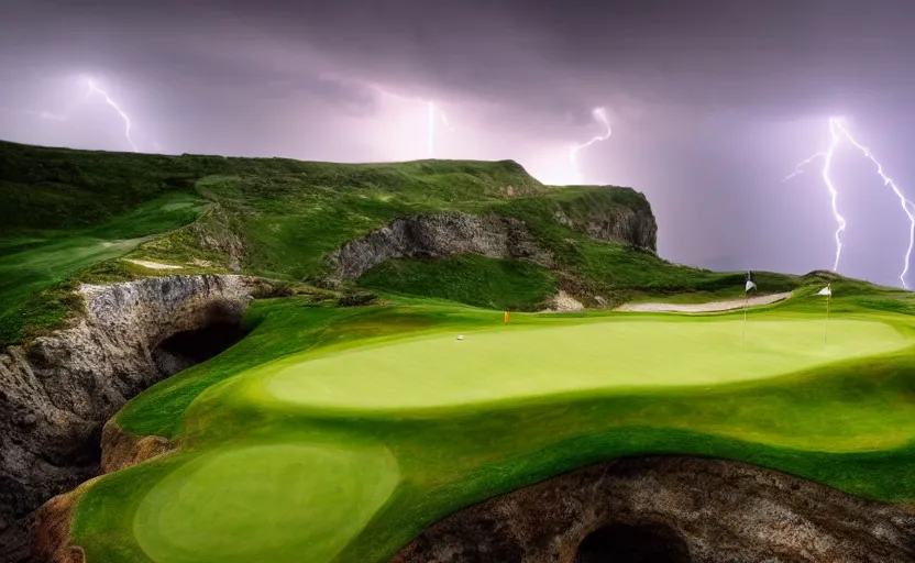 Image similar to a great photograph of the most amazing golf hole in the world, rainy day during lightning storm, cliffs by the sea, perfect green fairway, human perspective, ambient light, 5 0 mm, golf digest, top 1 0 0, fog