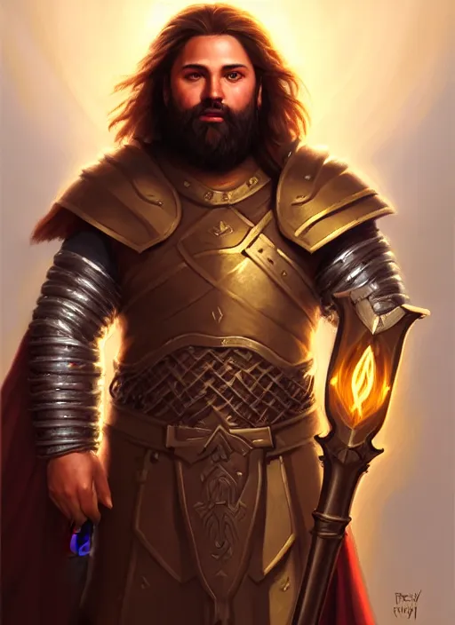 Prompt: a _ fantasy _ style _ portrait _ painting _ of light brown male holy paladin with long wavy brown hair chubby and beard, hammer weapon, rpg dnd oil _ painting _ unreal _ 5 _ daz. _ rpg _ portrait _ extremely _ detailed _ artgerm _ greg _ rutkowski _ greg