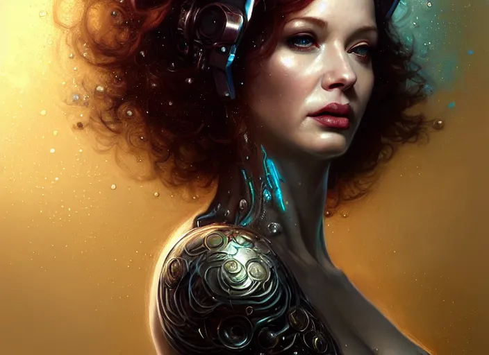 Prompt: portrait shot of christina hendricks in cyberpunk clothed, shiny skin, wet, oily, intricate, elegant, highly detailed, centered, digital painting, artstation, concept art, smooth, sharp focus, illustration, artgerm, tomasz alen kopera, peter mohrbacher, donato giancola, joseph christian leyendecker, wlop, boris vallejo