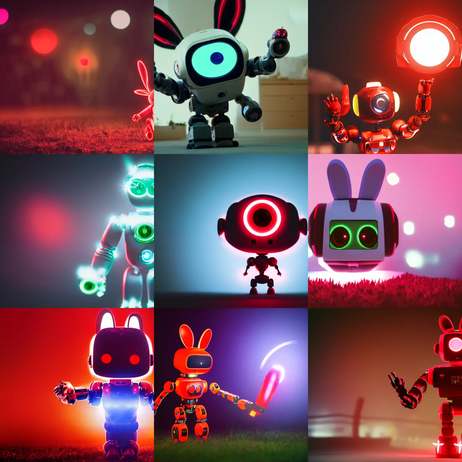 Prompt: film still of 3 year old kid robot with big red glowing eyes and big rabbit ears in battle pose , backlight 4k 10bit vinemascope anamorphic bokeh