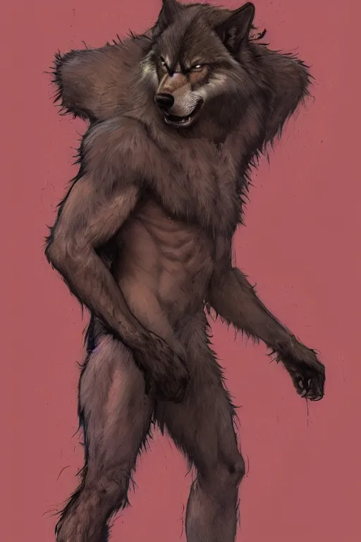 Prompt: full figure portrait of a beautiful young fit male werewolf, wolf head, partially male hairy torso, fur covered legs, luminose background, by greg rutkowski and alphonse mucha, d & d character, gradient red to black, in front of a forest background, highly detailed portrait, digital painting, artstation, concept art, smooth, sharp focus ilustration, artstation hq