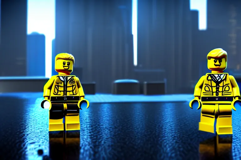 Image similar to a lego man at cyberpunk city. super realistic 8 k render of a elegant, cinematic composition