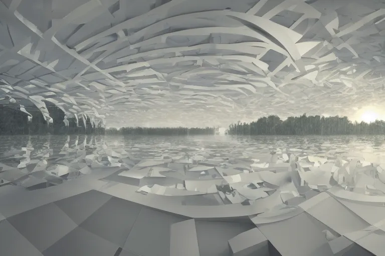 Image similar to a building interior formed by the intersection and fusion of many multi white spherical egg shaped spaces, on the calm lake surface, people's perspective award winning, highly detailed 4 k art, dusk, unreal engine highly rendered, global illumination, radial light, internal environment by kazuyo sejima