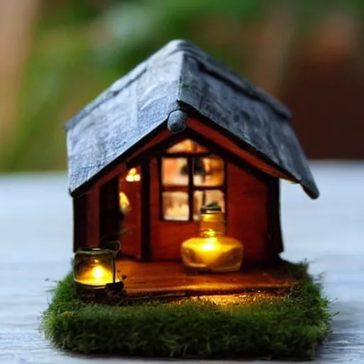 Image similar to a tiny wooden cottage with warm lights inside a terrarium bottle.