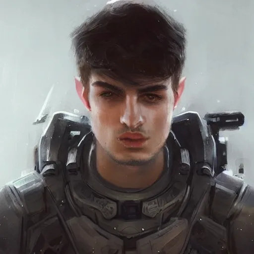 Image similar to Portrait of a man by Greg Rutkowski, he is about 20 years old, mixture turkish and russian, short dark blonde hair with bangs, attractive, angry but resigned look, he is wearing a futuristic tactical gear, highly detailed portrait, scifi, digital painting, artstation, concept art, smooth, sharp foccus ilustration, Artstation HQ.