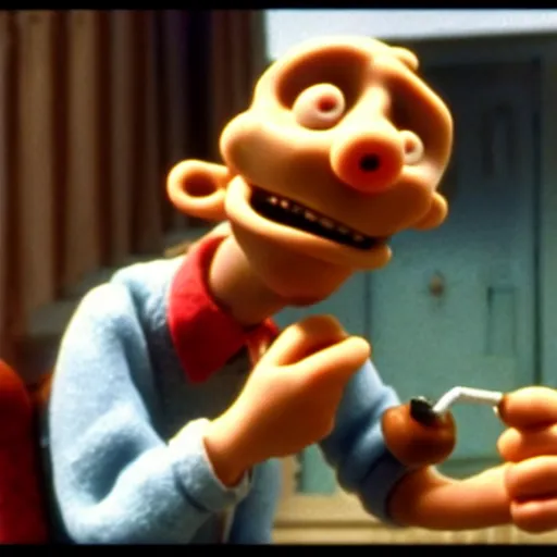 Image similar to Wallace smoking crack from a crack pipe in a still from the short movie A Grand Day Out (1989), Wallace and Gromit, Aardman Animations, claymation, 4k, high quality