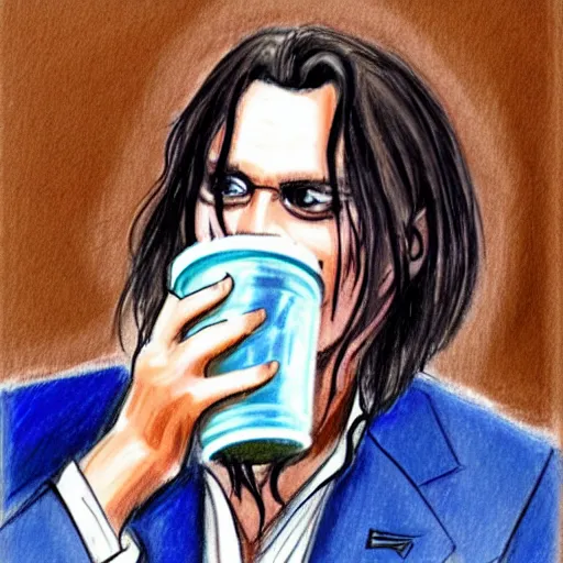 Image similar to Courtroom Sketch of Johnny Depp holding up a jar of brown blobs