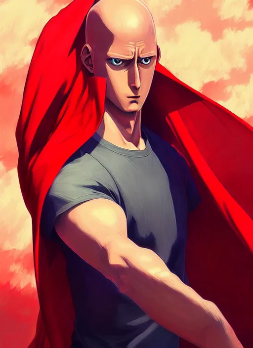 Image similar to handsome saitama, half body shot, path traced, red cape, highly detailed, high quality, digital painting, alena aenami, lilia alvarado, shinji aramaki, karol bak, alphonse mucha, tom bagshaw