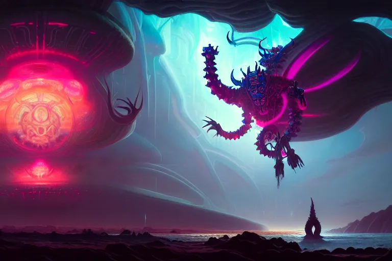 Image similar to rebulon the ancient demon, by lisa frank and greg rutkowski, masterpiece concept art, 8 k, intricate detail, cinematic lighting, epic pose, deep colors, majestic view