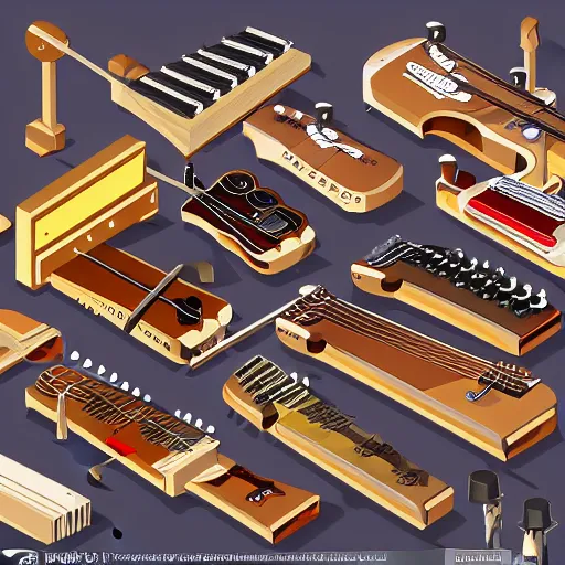 Image similar to isometric view of a large instrument machine, rube goldberg style, made of instruments, guitar, drum, beautiful