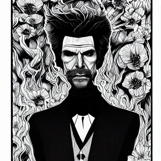 Prompt: black and white pen and ink!!!! Twin Peaks Black Lodge goetic vampire David Bowie x Frank Zappa handsome beard golden!!!! Vagabond!!!! floating magic swordsman!!!! glides through a beautiful!!!!!!! liquid magic floral crystal battlefield dramatic esoteric!!!!!! pen and ink!!!!! illustrated in high detail!!!!!!!! by Moebius and Hiroya Oku!!!!!!!!! graphic novel published on 2049 award winning!!!! full body portrait!!!!! action exposition manga panel black and white Shonen Jump issue by David Lynch eraserhead and beautiful line art Hirohiko Araki!!