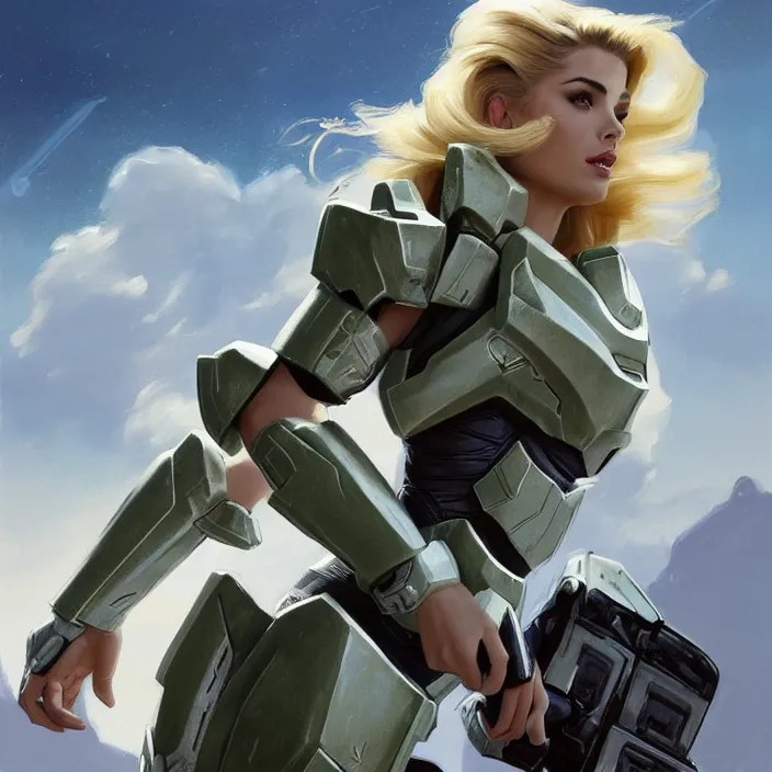 Image similar to A combination of Adriana Dxim's and Grace Kelly's and Ashley Greene's appearances with blonde hair wearing Forerunner armor from Halo, countryside, calm, fantasy character portrait, dynamic pose, above view, sunny day, thunder clouds in the sky, artwork by Jeremy Lipkin and Giuseppe Dangelico Pino and Michael Garmash and Rob Rey and Greg Manchess and Huang Guangjian, very coherent asymmetrical artwork, sharp edges, perfect face, simple form, 100mm