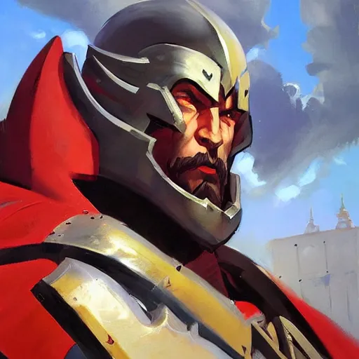 Image similar to greg manchess portrait painting of armored overlord momon with red cloak as overwatch character, medium shot, asymmetrical, profile picture, organic painting, sunny day, matte painting, bold shapes, hard edges, street art, trending on artstation, by huang guangjian and gil elvgren and sachin teng