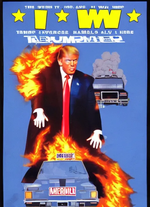 Image similar to an 8 0's john alvin action movie poster of donald trump starring in trumpster fire. explosions.