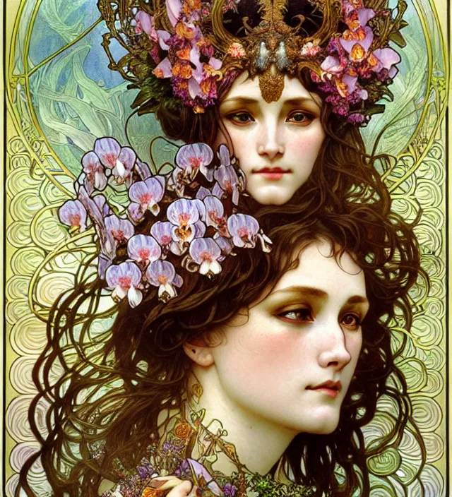 Prompt: realistic detailed face of the beautiful goddess of orchids with a tiger head headdress by alphonse mucha, ayami kojima, amano, greg hildebrandt, mark brooks, and ernst haeckel, golden ratio, art nouveau, neo - gothic, gothic, neoclassical,
