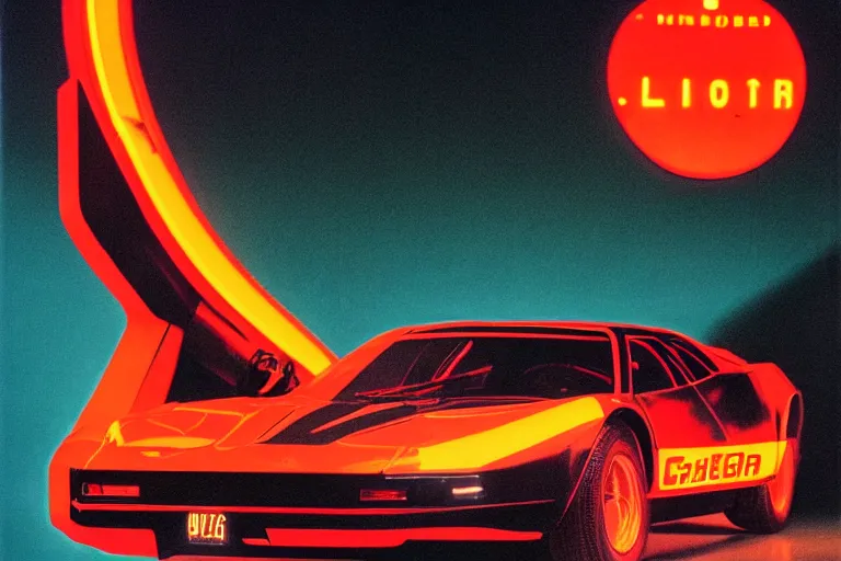 Image similar to designed by Giorgetto Giugiaro poster of a T-Rex thick neon lights, ektachrome photograph, volumetric lighting, f8 aperture, cinematic Eastman 5384 film