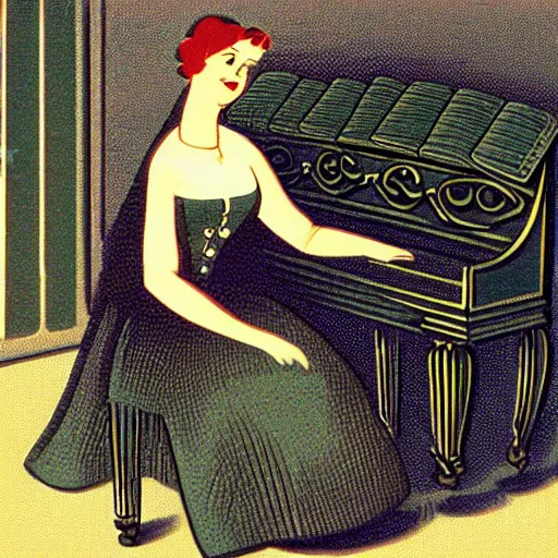 Image similar to vintage ship woman sitting in an piano, retro cartoon