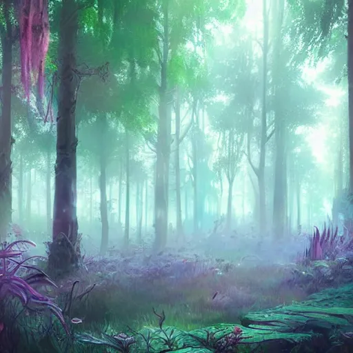 Prompt: concept art painting of a mystical alien fantasy forest, with fog and strange colorful plants, realistic, detailed, cel shaded, magenta and blue and green, in the style of makoto shinkai and greg rutkowski and james gurney