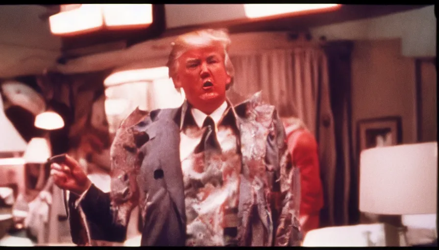 Image similar to 7 0 s film still from a horror movie starring donald trump, kodachrome, cinecolor, cinestill, film grain, film texture, retro, cinematic, high resolution, photorealism,