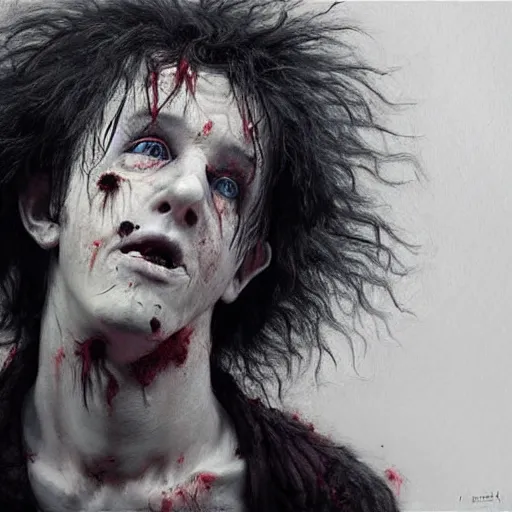 Image similar to young and skinny robert smith as a zombie feeling shy with fluffy big hair, 7 days to die zombie, fine art, award winning, intricate, soft light from the side, elegant, sharp focus, cinematic lighting, highly detailed, digital painting, 8 k concept art, art by z. w. gu, art by brom, art by michael hussar, masterpiece, 8 k
