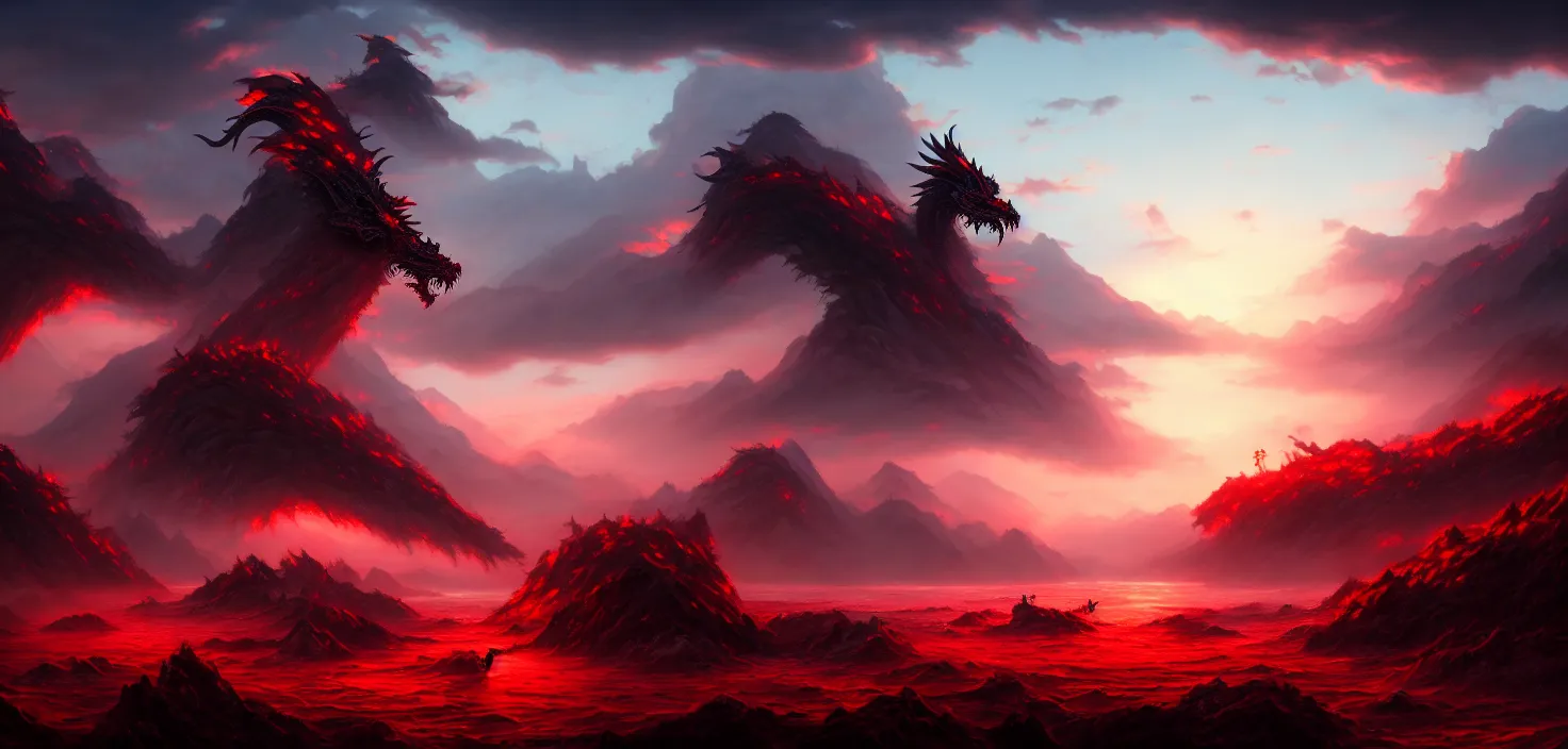 Prompt: seven china dragon heads rising from the sea of blood, landscape, cinematic view, epic sky, detailed, concept art, low angle, high detail, warm lighting, volumetric, godrays, vivid, beautiful, trending on artstation, by jordan grimmer, huge scene, grass, art greg rutkowski