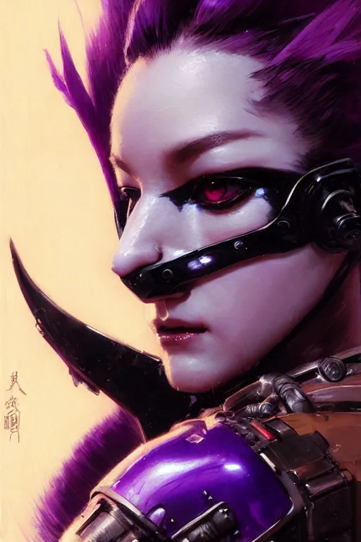 Prompt: extreme close up, facial portrait, woman with a long black ponytail in purple sci - fi armor, wearing a kitsune mask, mechanical shoulder pads, striking pose, portrait dnd, painting by gaston bussiere, craig mullins, greg rutkowski, yoji shinkawa