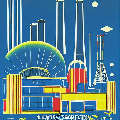 Image similar to nuclear sci fi power station in the style of Charley Harper and Eric Fraser, post-war, colourful