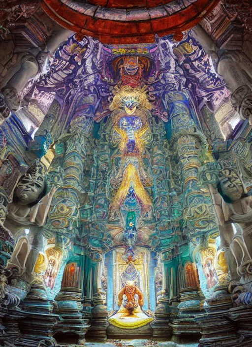 Prompt: breathtakingly beautiful ultrawide angle colour masterpiece weird dream, low angle view from inside a hindu temple, hindu goddess close shot, strange beautiful derelict temple, incredible sense of depth and perspective and clarity, arch, symmetry symmetrical, h. r. giger and alex grey and hiroshi yoshida and moebius and studio ghibli, 8 k