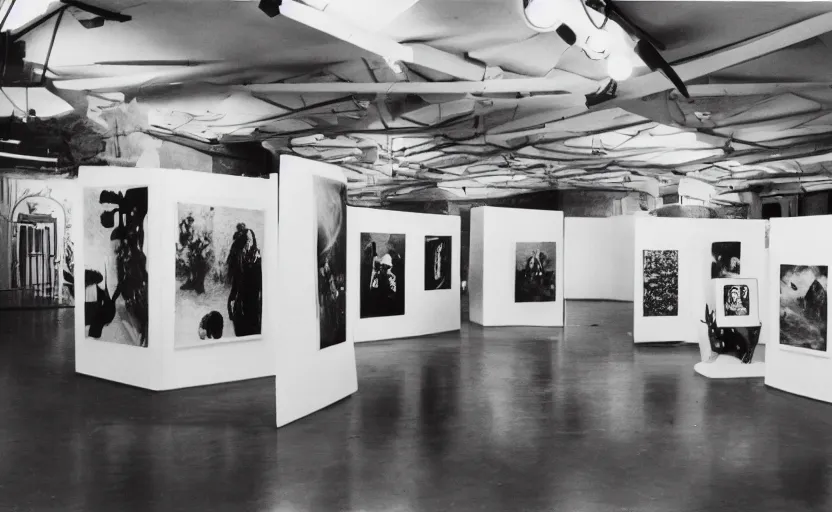 Prompt: a _ photography _ of _ an _ exhibition _ space _ with _ ethnographic _ objects _ on _ display _ 6 0 s _ offset _ lithography _ black _ white _ 8 _ k